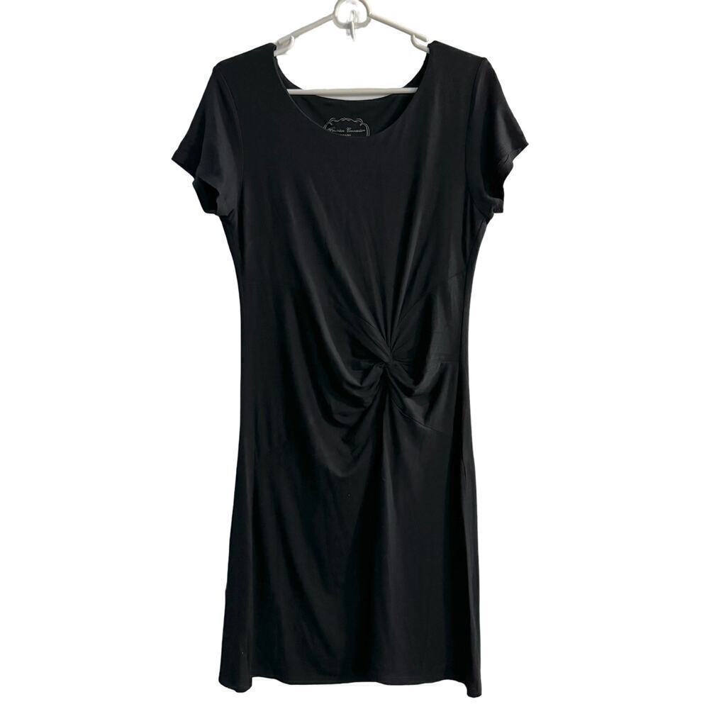 Peruvian Connection Jersey Dress Women Medium Black Twist Front Cap Sleeve